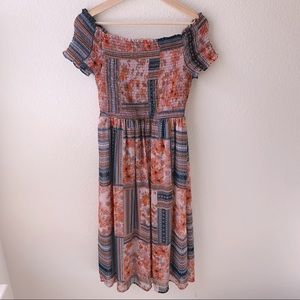 Sheer Off-The-Shoulder Patchwork Midi Dress